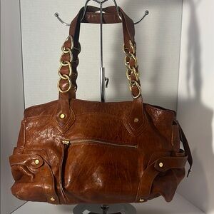Elaine Turner Brown and Gold Shoulder Bag with Distressed Leather
